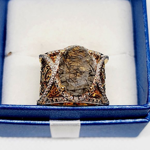 Natural Smoke Gray Rutile Quartz/ Dia accent fancy cocktail ring 7.5 cts sz 7.5 - Picture 1 of 5